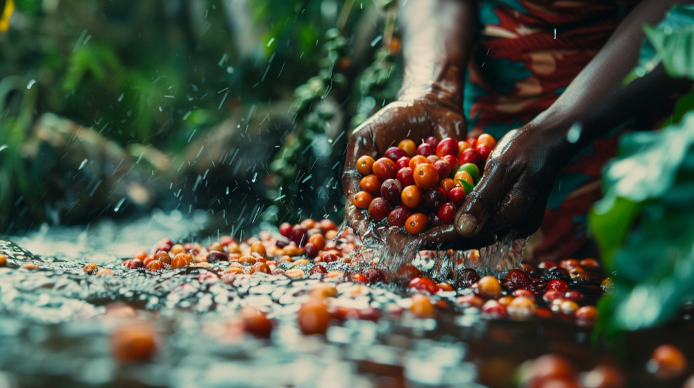 Women coffee farmers harvesting coffee cherries